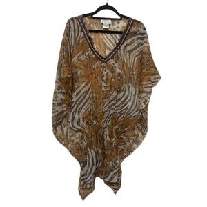 Sol & Mer animal print beaded neckline drape sheer swim cover up EUC